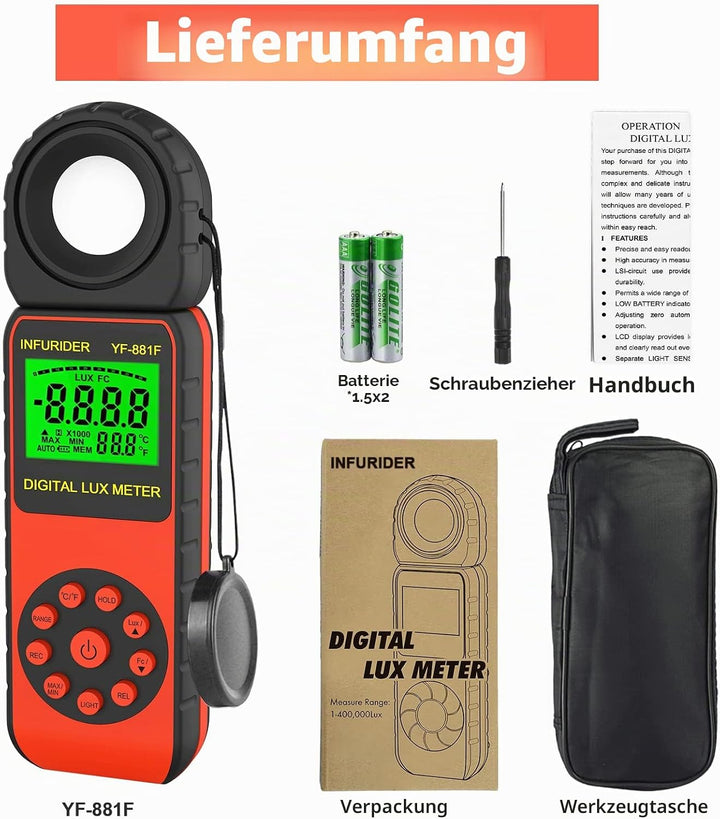 Digital Luxmeter Belichtungsmesser,INFURIDER YF-881F Lichtmessgerät mit 0,01-400.000 Lux,Illuminance