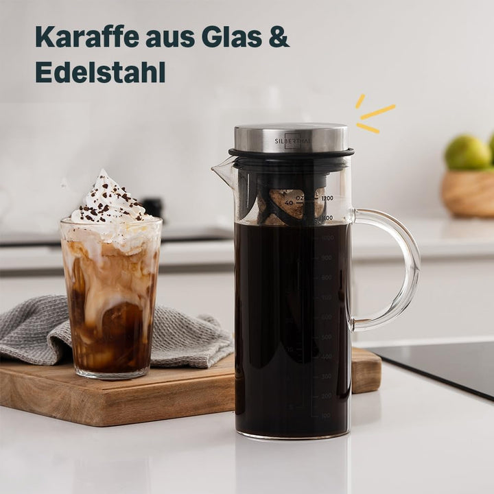 SILBERTHAL Kaffeebereiter Glas 1.3l - Cold Brew Coffee Maker mit Filter für kaltgebrühten Kaffee ode