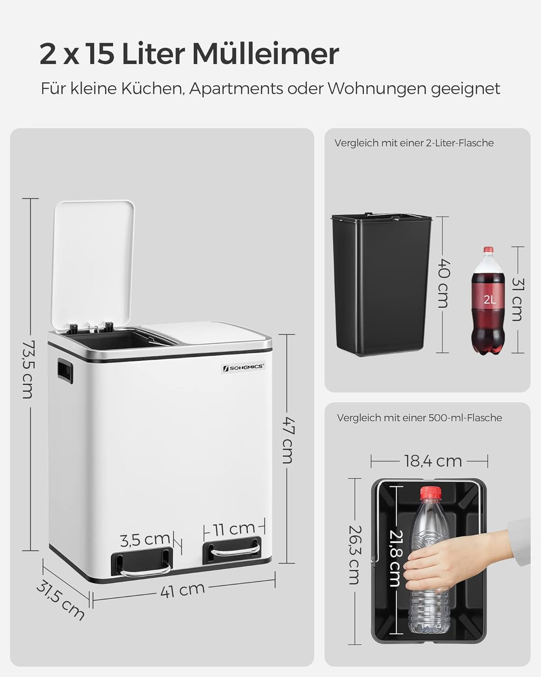 SONGMICS Mülleimer Küche, 2 x 15 Liter, Mülltrennsystem 2 Fächer, Abfalleimer, Treteimer, für gelben