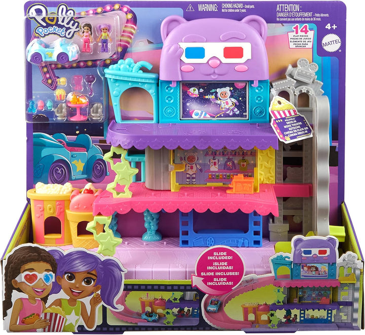 Polly Pocket Pollyville Drive-In-Kino - 2 Puppen, 1 Spielzeugauto, 11 Zubehörteile, 3 Stockwerke, Au