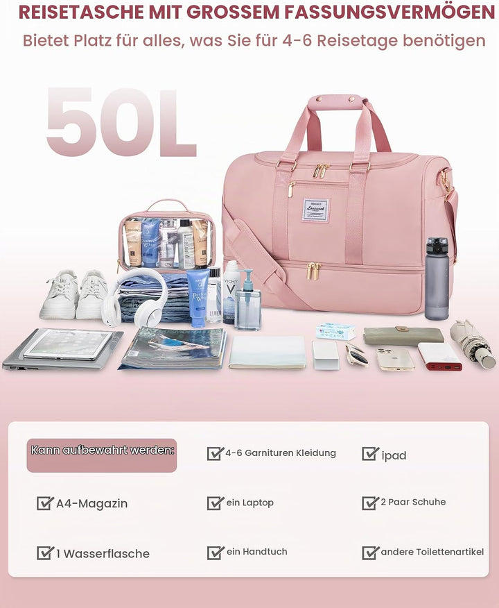 LOVEVOOK Reisetasche Sporttasche 50L, Kliniktasche Geburt Gross Weekender Damen mit Kulturtasche, Sc
