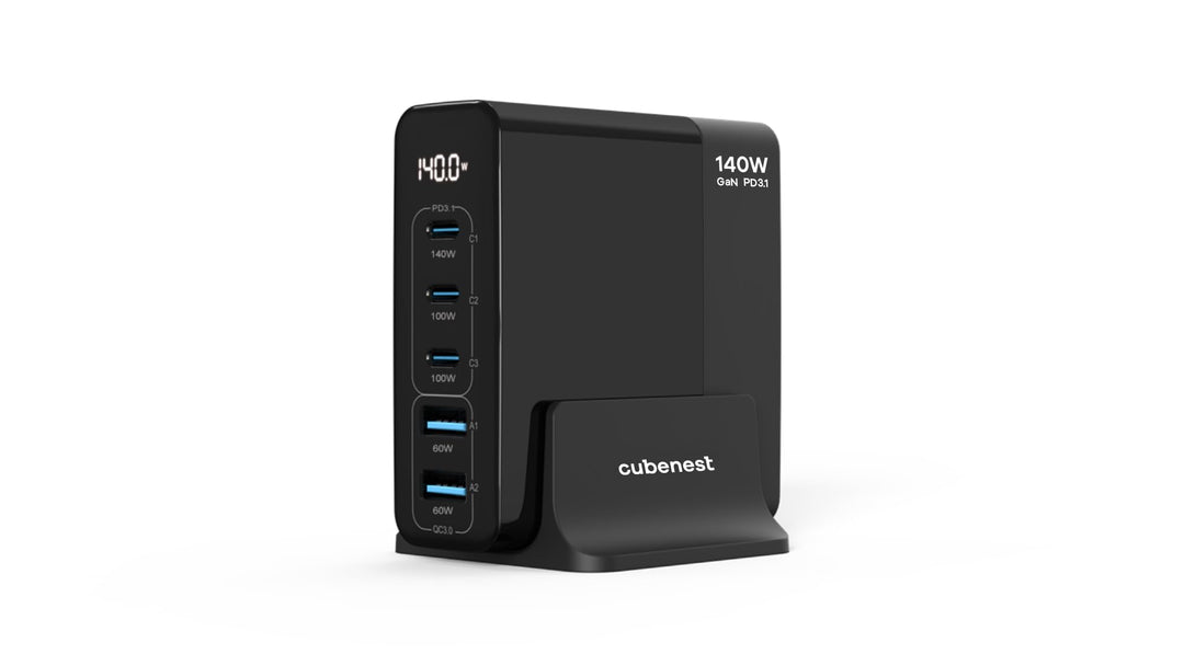 CubeNest 140W USB Ladestation | 2 x USB A + 3 x USB C Ladegerät mit LCD Display | GaN Ladegerät USB