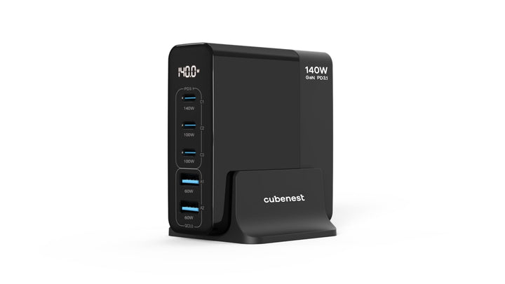 CubeNest 140W USB Ladestation | 2 x USB A + 3 x USB C Ladegerät mit LCD Display | GaN Ladegerät USB