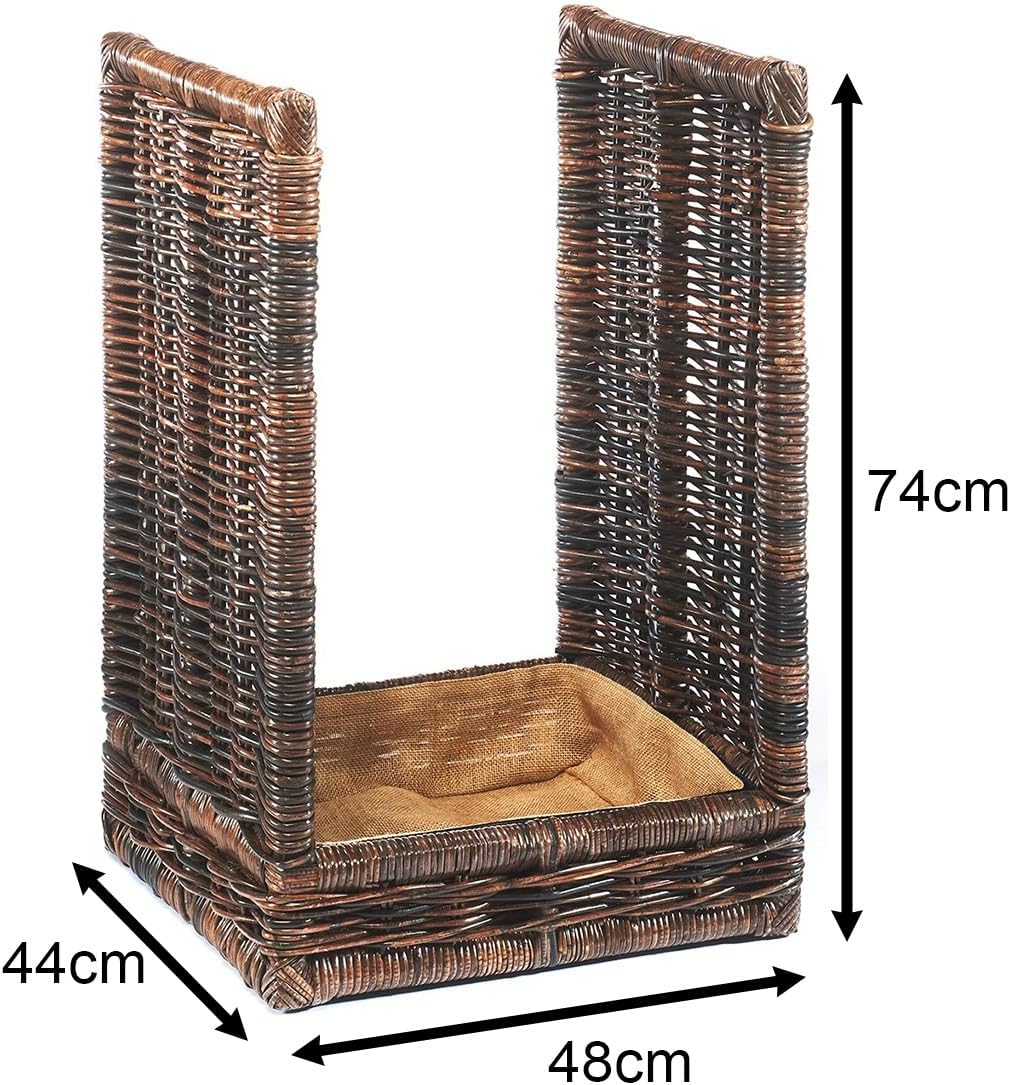 Kobolo Kaminholzablage Kaminholzregal - krabu Rattan - mit Leinenstoff - 48x44x74cm