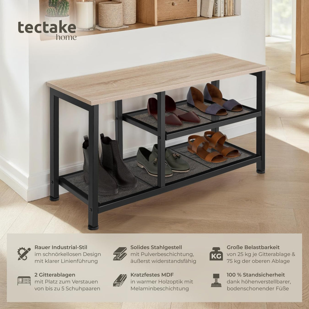 tectake® Schuhregal schmal mit Sitzfläche, Schuhbank 3 Ebenen, 2 Gitterablagen, Schuhregal platzspar