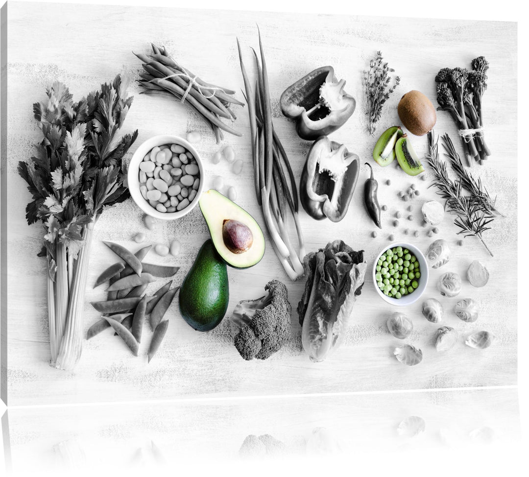 schöne Gemüse und Obst Vielfalt schwarz/weiss Format: 100x70 auf Leinwand, XXL riesige Bilder fertig