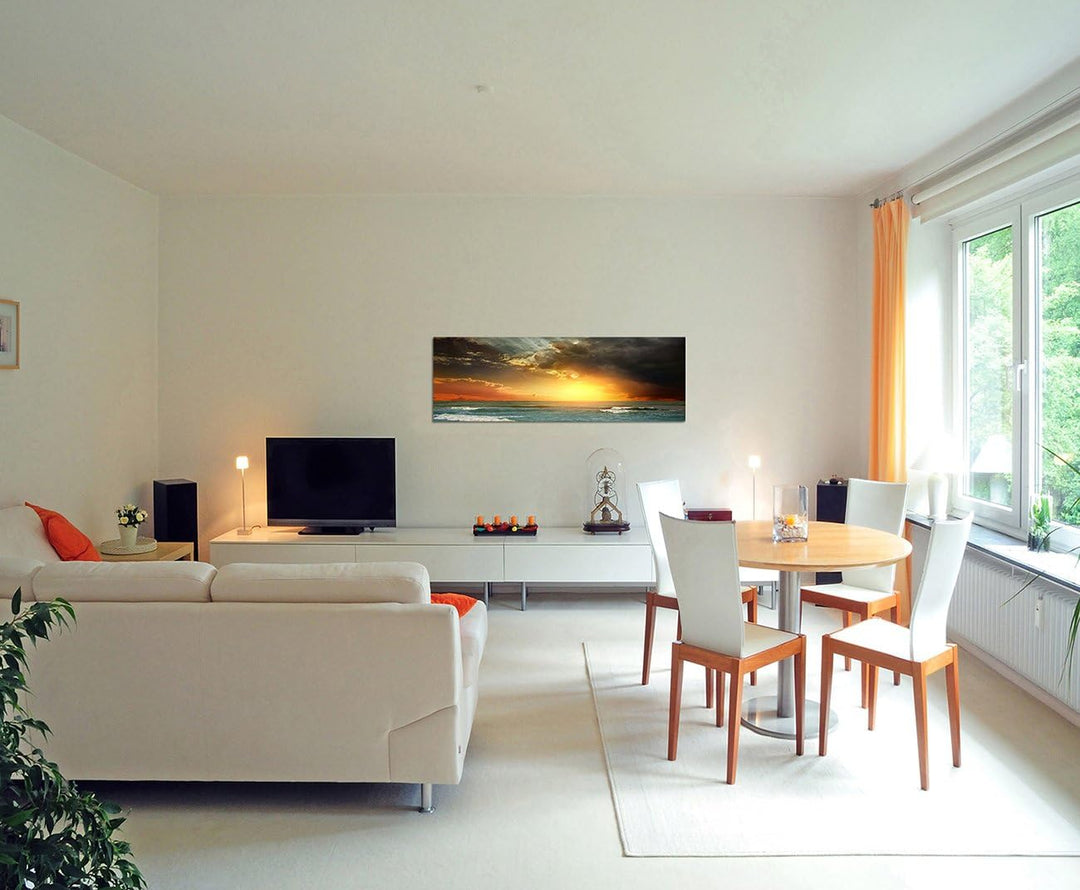 Paul Sinus Art Panoramabild auf Leinwand und Keilrahmen 150x50cm Strand Meer Wolkenhimmel Sonnenunte
