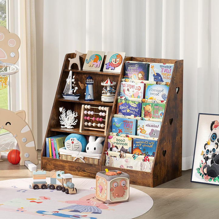 Kinder Bücherregal mit 5 Bücherdisplays und 4 Ablagefächer, Gross Braun Kinderregal Büchergestell fü