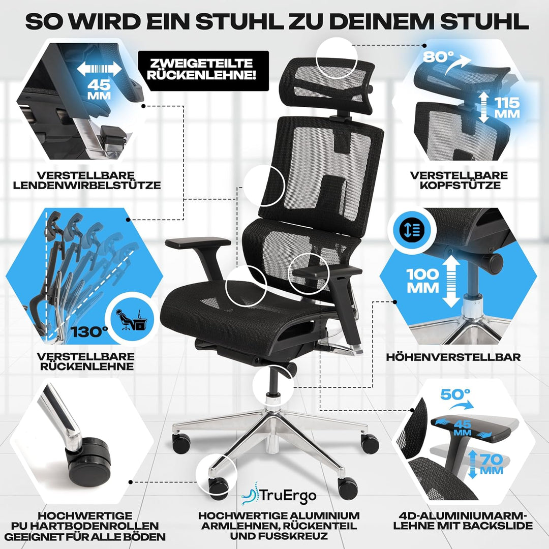 VALKENSTOL M7 Bürostuhl Ergonomisch mit Adaptiver Lordosenstütze Chefsessel Ergonomischer Bürostuhl