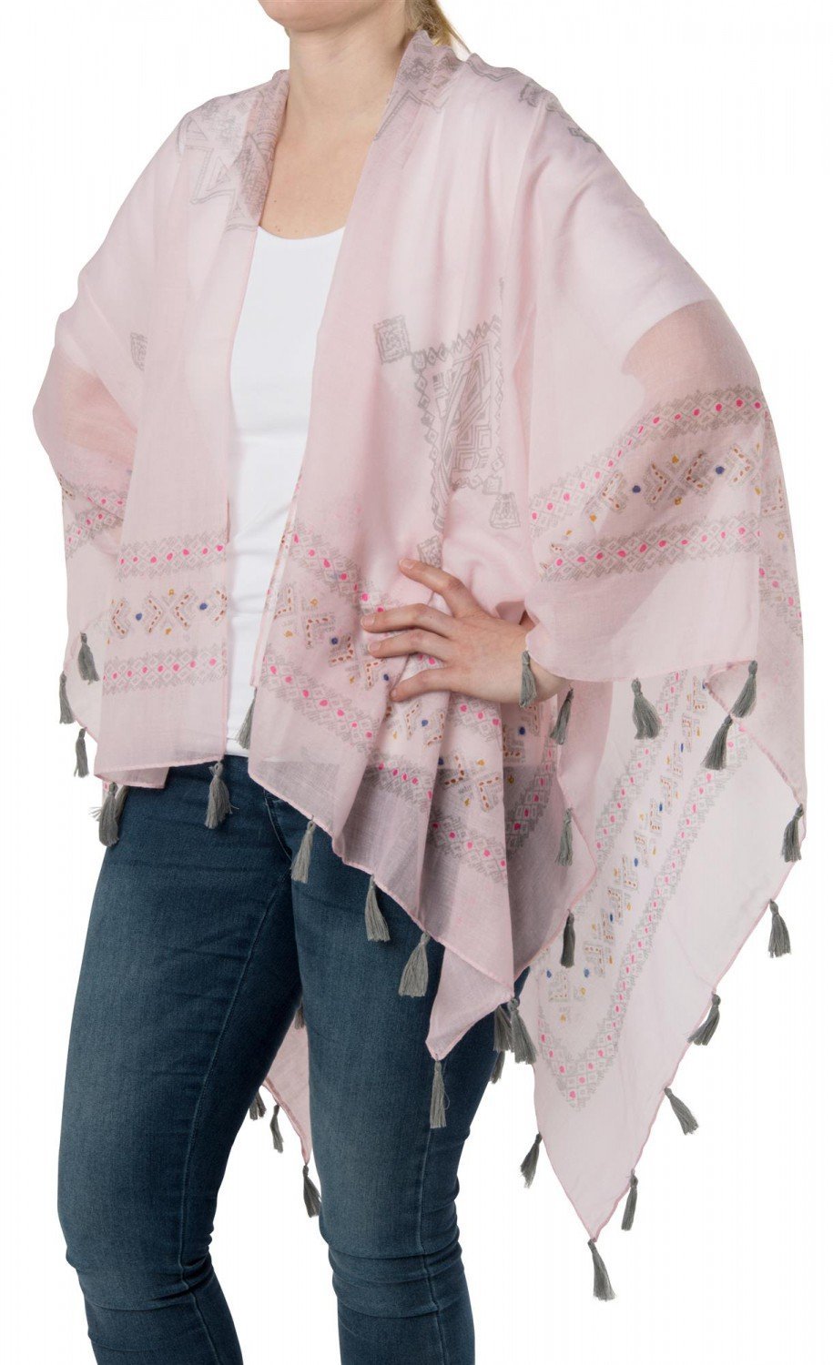 styleBREAKER Leichter Sommer Poncho mit Ethno Muster, Quasten, Strand, Boho Style, Damen 08010022, F