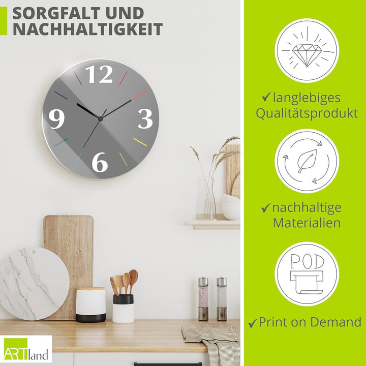 ARTLAND Wanddeko Wanduhr ohne Tickgeräusche aus Glas Quarzuhr Ø 30 cm Rund Lautlos Trendfarbe Grau-B