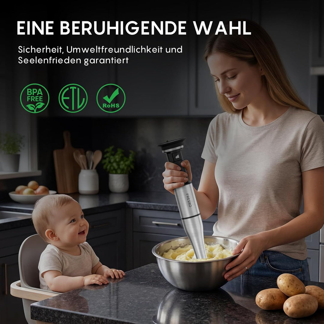 FRESKO Stabmixer 1000W, Stufenlose Geschwindigkeitsregelung, Pürierstab aus Edelstahl inkl. Schneebe