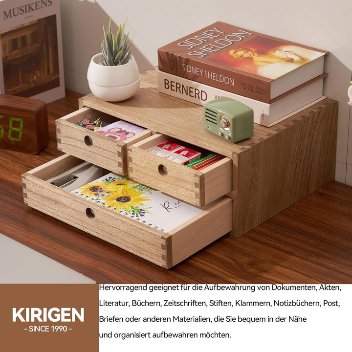 KIRIGEN Schreibtisch-Organizer aus Paulownia-Holz, 35 x 27 x 14,7 cm, Schubladenbox mit 3 Schubladen