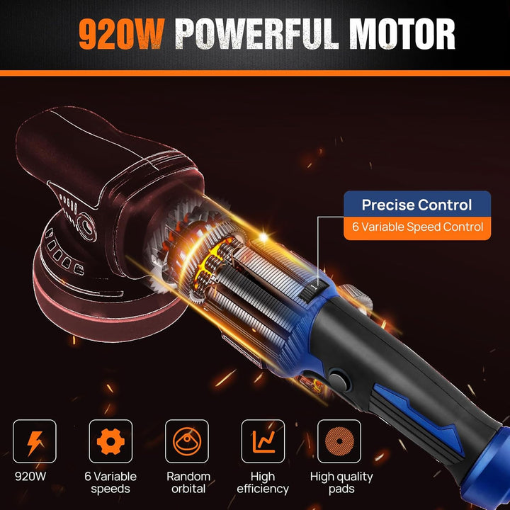 920W Auto Poliermaschine Exzenterpolierer , 6 Variable Geschwindigkeit, mit 127mm Polierschwamm, zum