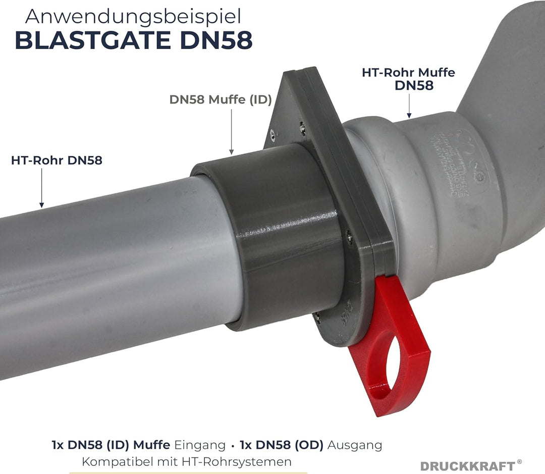 DRUCKKRAFT Blastgate DN58 mit Muffe (1x Ø 58 mm OD / 1x Ø 58 mm ID) | Luft-Sperrschieber für Absauga