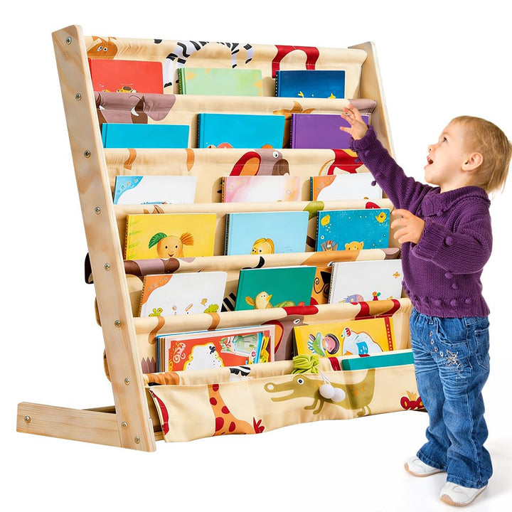 Bücherregal Kinder, Kinderregal mit 6 Oxford-Stoff Fächern, Kinderbücherregal Holzregal Regal mit Au