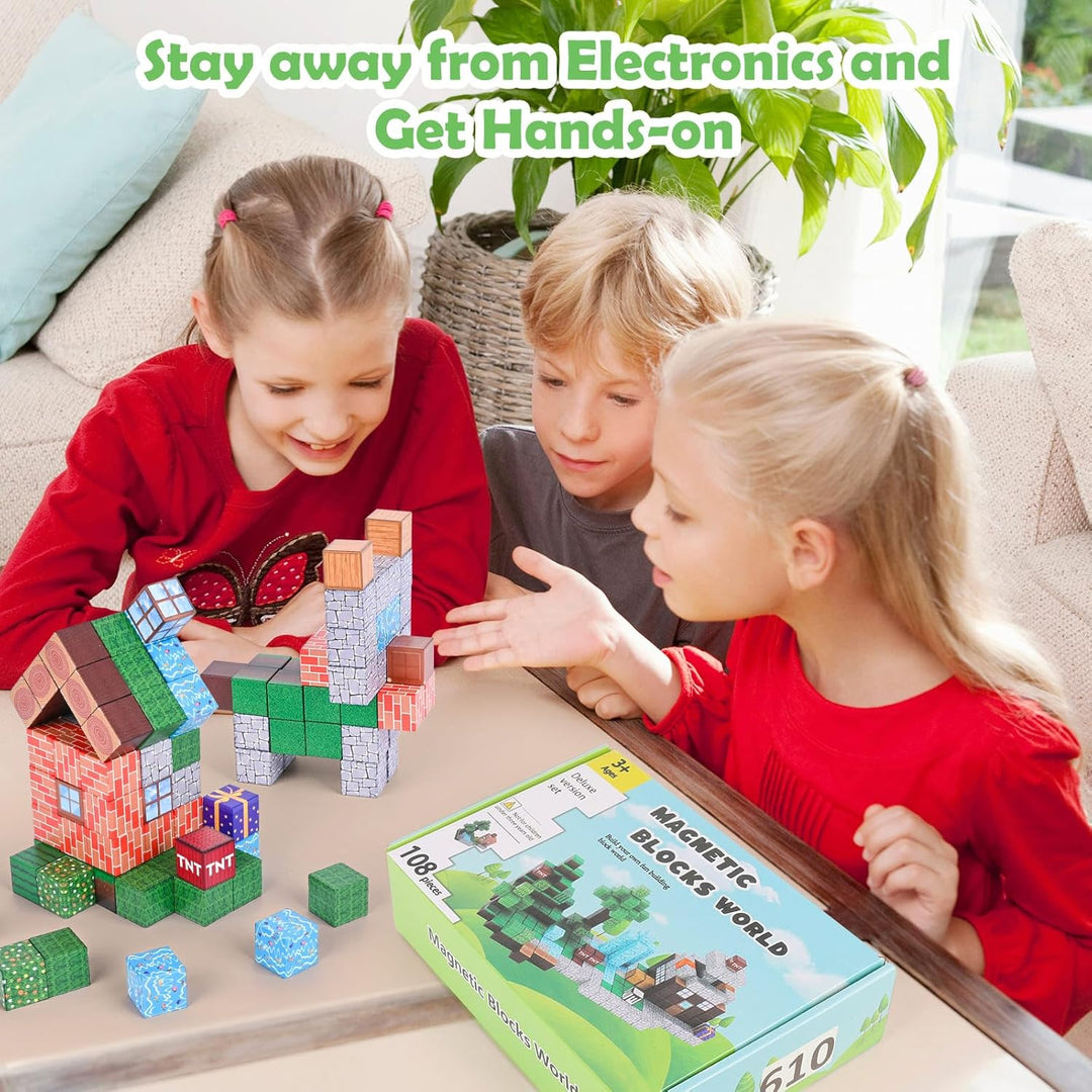 Euakee Magnetische Bausteine, 108 Stück Magnetic Blocks, Bauen Magnetbausteine Welt, Kreative Kinder