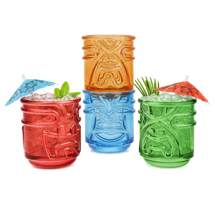 Final Touch TIKI Stapelbar TUMBLERS Glas Cocktailgläser COLOURED Farben 355ml Hawaiian Themed 4 Stüc