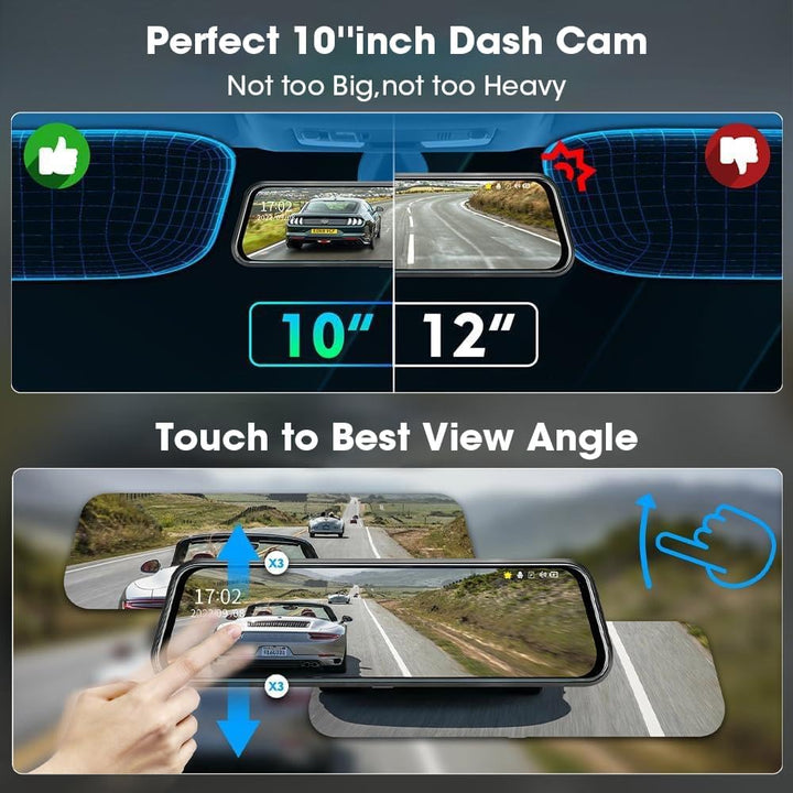 Jansite Spiegel Dashcam 10'' Touch Screen Full HD 1080P, Autokamera Rückfahrkamera mit 10 Meter Kabe