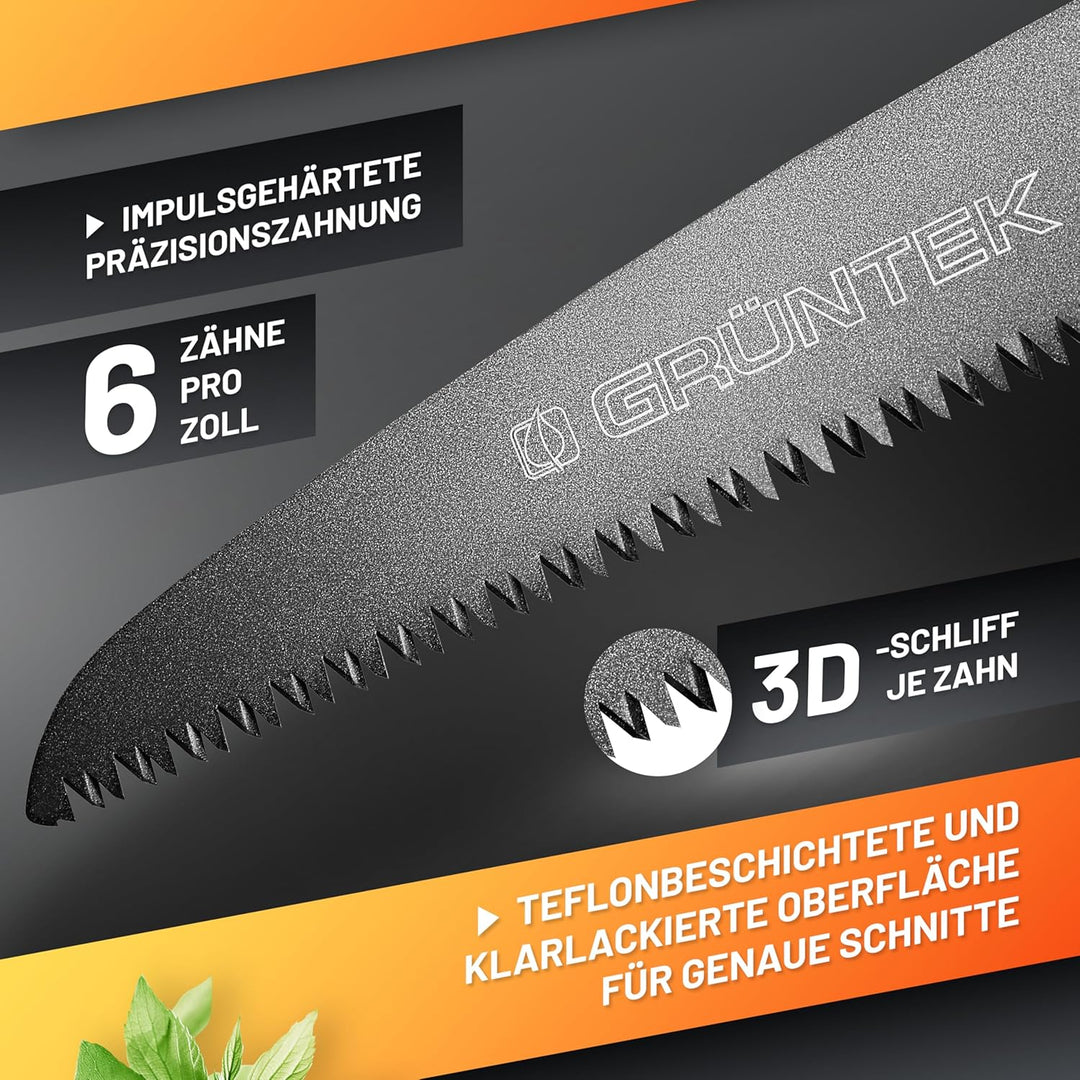 GRÜNTEK Klappsäge ZANDER, gehärtetes Carbonstahl Sägeblatt 180mm, rutschfester Korkgriff, TEFLON-bes