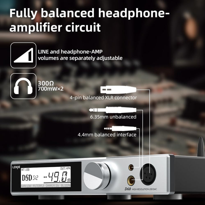 LOXJIE D60 HiFi Kopfhörerverstärker Decoder 6,35 mm/4,4 mm Kopfhörer Jack 300Ω 700mW x 2 Bluetooth 5