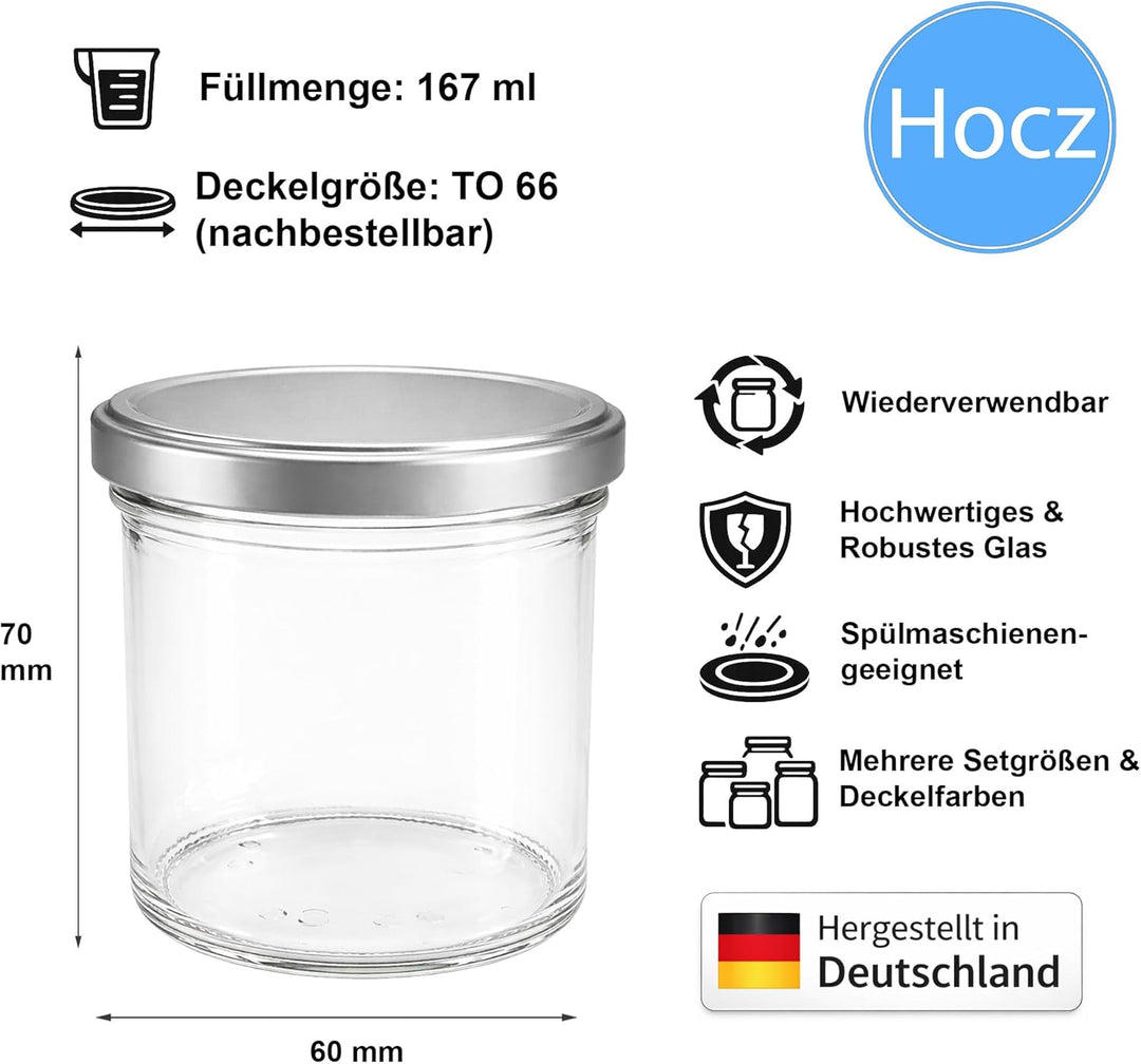 hocz 25x Marmeladengläser 167 ml | mit Deckel Silber TO 66 | Einmachgläser mit Schraubdeckel zum bef