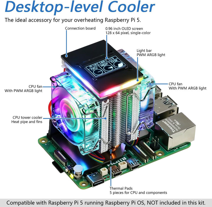 Freenove Active Cooler for Raspberry Pi 5 with 2 Fans and OLED Screen, Aluminum Heatsink with Heat P
