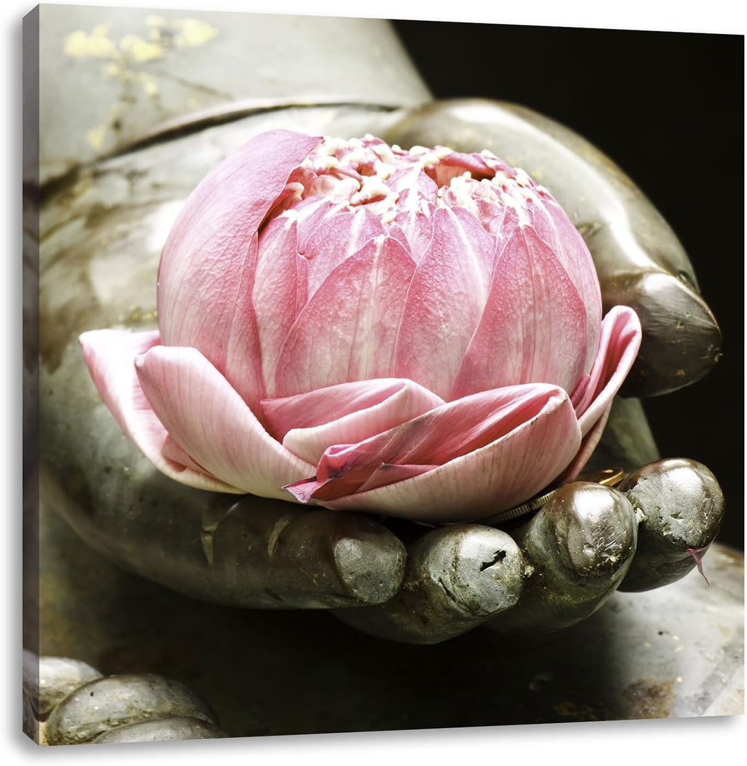 Pixxprint Lotus auf der Hand eines Buddhas, Format: 70x70 auf Leinwand, 70x70
