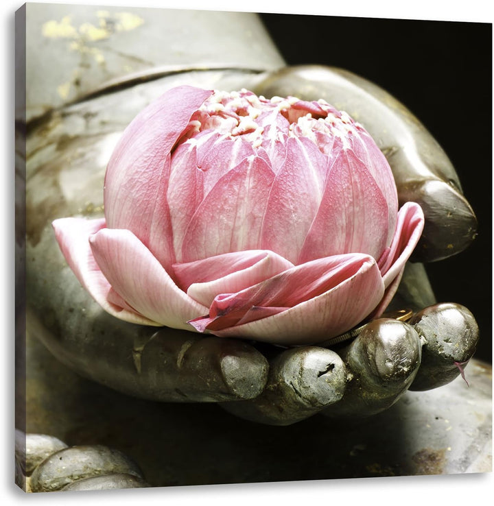 Pixxprint Lotus auf der Hand eines Buddhas, Format: 70x70 auf Leinwand, 70x70