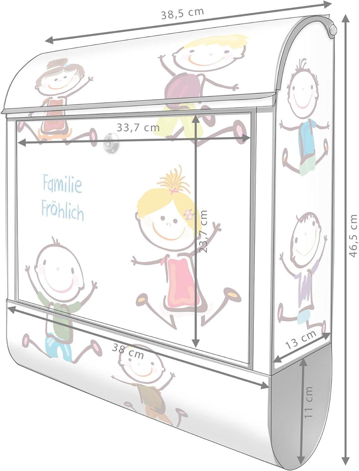banjado® Design Briefkasten personalisiert Happy Kids 38,5x46,5x13cm & 2 Schlüssel - Briefkasten Sta