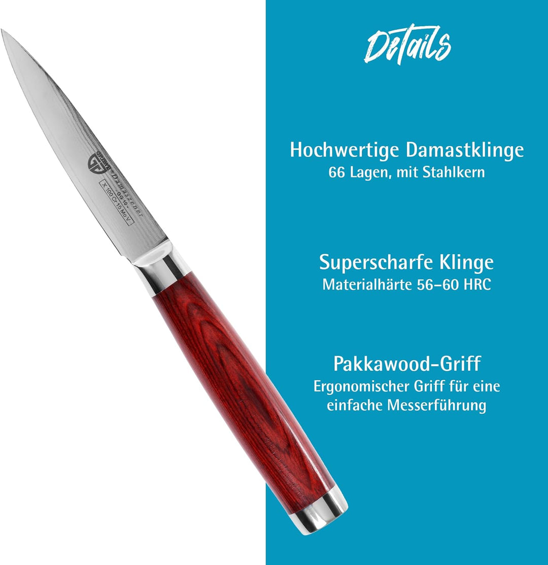 GRÄWE Damaszener Gemüsemesser, 10 cm Klinge, scharf, mit Holzgriff, Damast Küchenmesser in Geschenkb