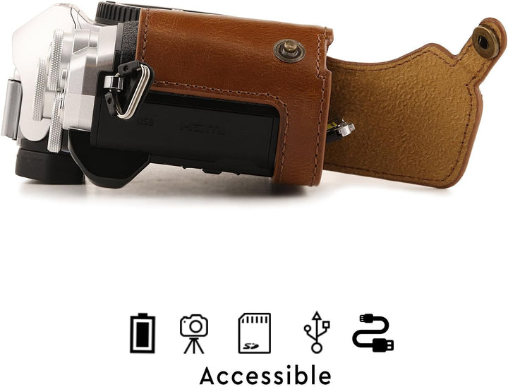 MegaGear Ever Ready Leder Kamera Halbtasche mit Trageriemen kompatibel mit Olympus OM-D E-M10 Mark I