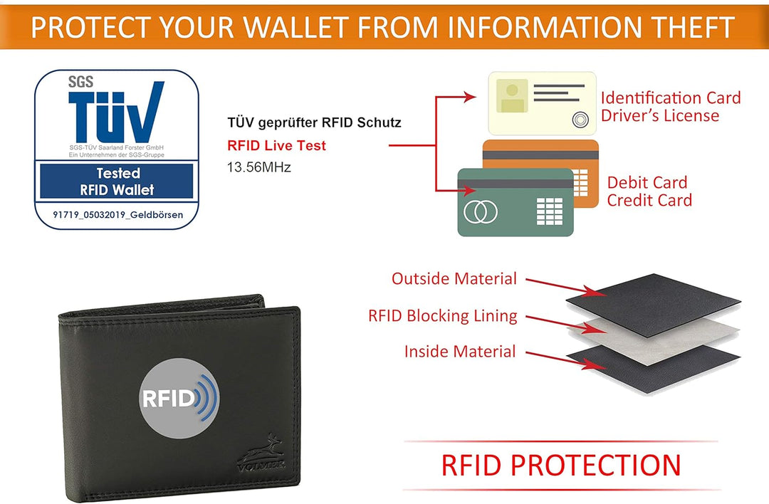 Fa.Volmer ® Leder Geldbörse Herren mit RFID-Schutz - extra-stabile Doppelnaht - 6 Fächer für Kreditk