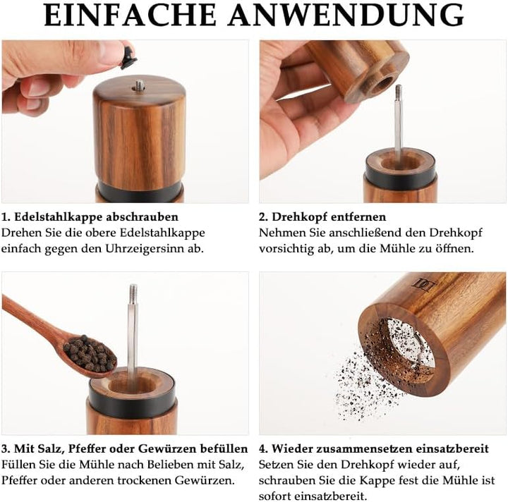 Salz und Pfeffermühlen Set aus Akazienholz mit Keramikmahlwerk mit Holzständer und Reinigungsbürste,