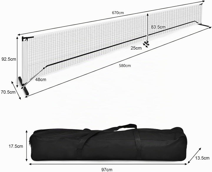 COSTWAY 670 x 92cm tragbares Tennisnetz, Pickleball-Netz in offizieller Grösse mit Metallrahmen &amp; Tr