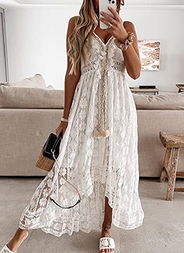 Damen-Maxikleid mit V-Ausschnitt, ärmellos, gestrickt, Spitze, Cutout, Schlinge, Rüschen, offener Rü