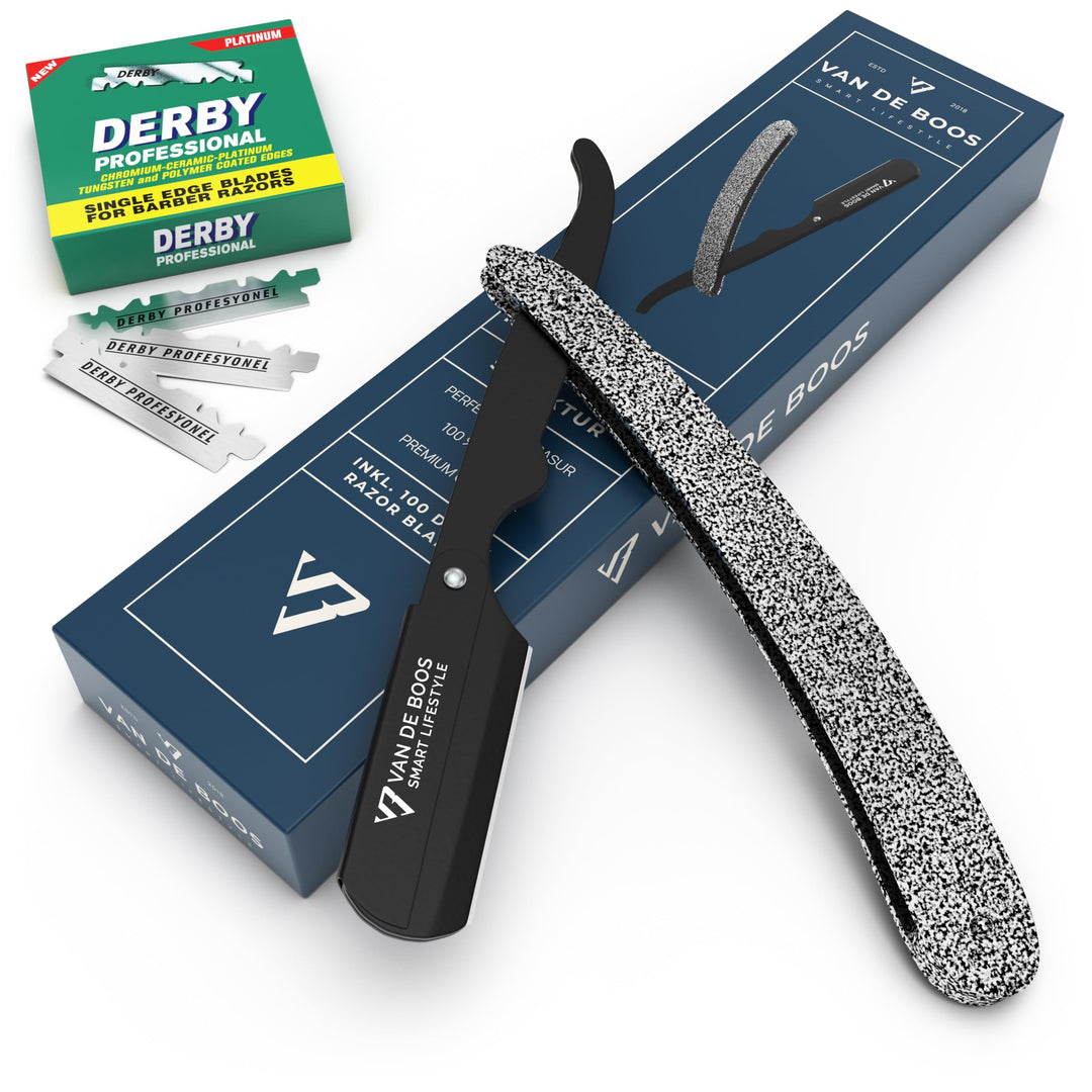Van De Boos® Rasiermesser-Set mit 100 Derby Wechselklingen - Hochwertiges Edelstahl Barber Bartmesse