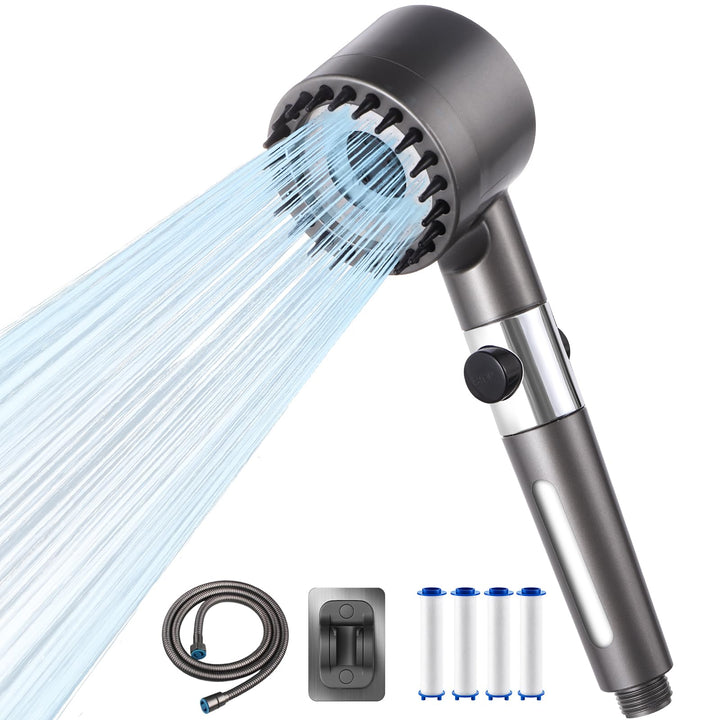 Duschkopf mit Filtera – Hochdruck Duschkopf aus Chrom mit 15-Stufen Wasserfilter, 4 Modi & Stopptast