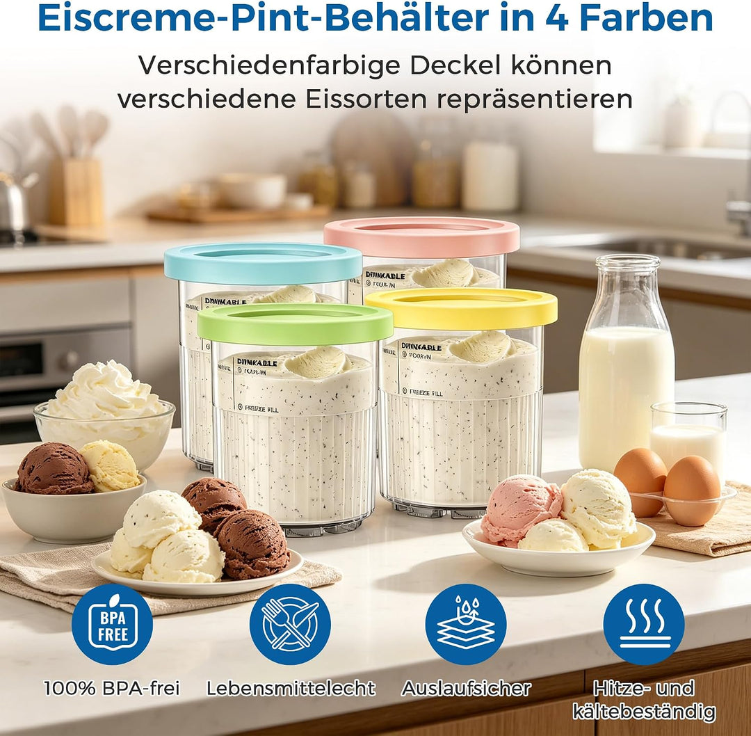 4 Stück Behälter für Ninja Creami Deluxe + Silikon-Dessertbecher, Ersatz Pints mit Deckel für NC500