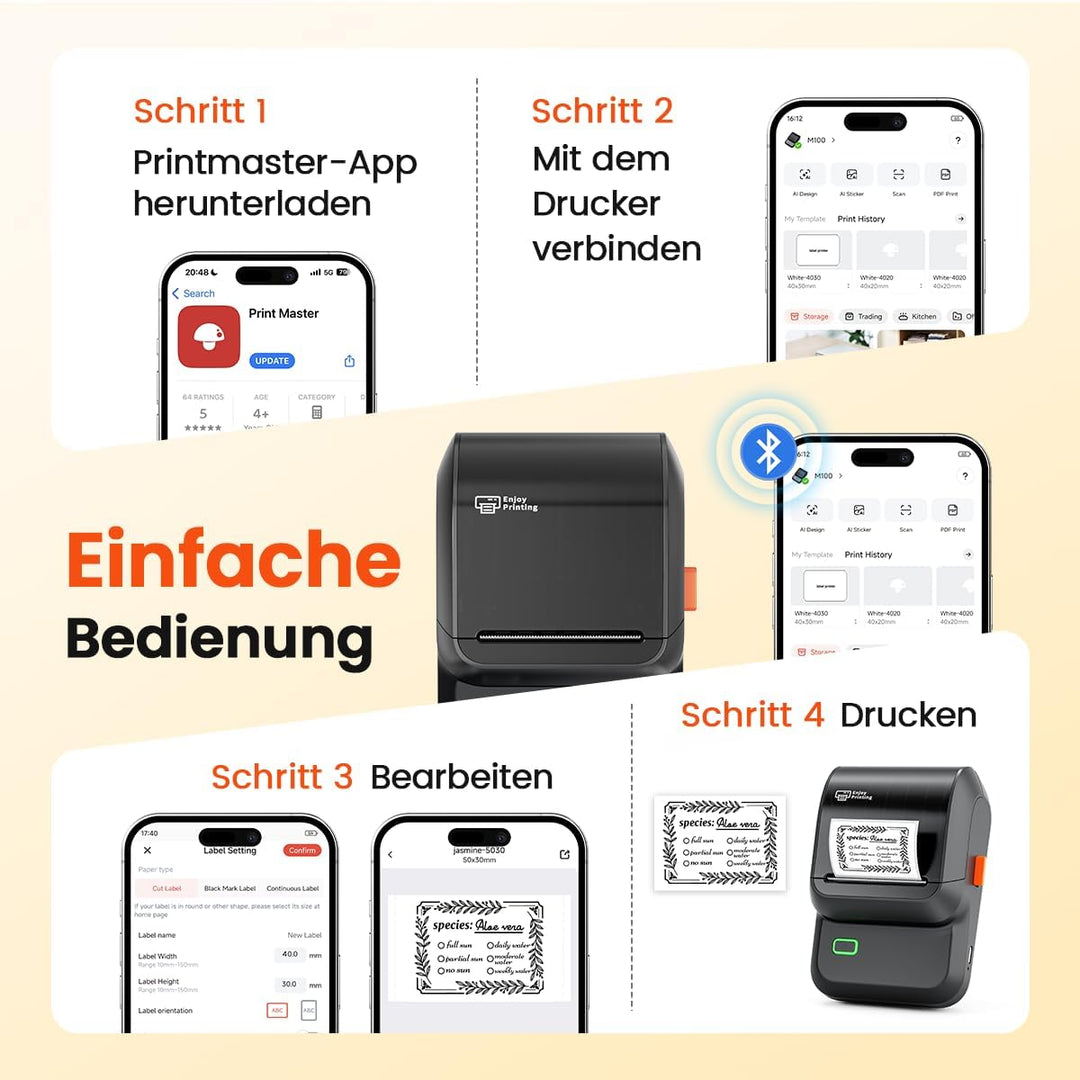 Memoking Etikettendrucker Selbstklebend, Beschriftungsgerät Bluetooth Label Printer Aufkleber drucke