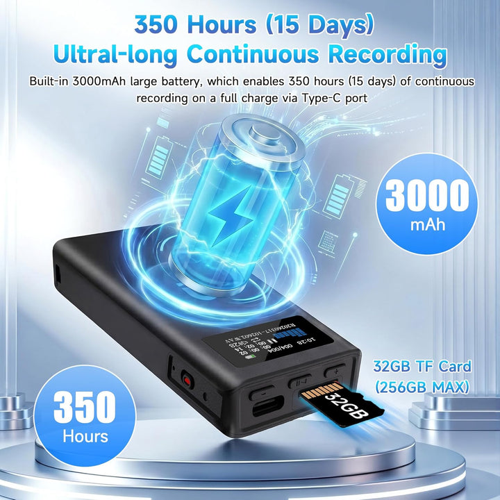 32GB Magnetischer Sprachrekorder mit 350-Stunden-Akku, TF-Kartenerweiterung, Lautsprecherwiedergabe
