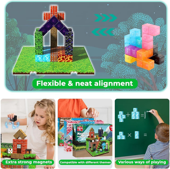 Magnetische Bausteine 150 Teile - Wald & Minentunnel Set mit 6 Grasplatten - Magnetbausteine für Jun