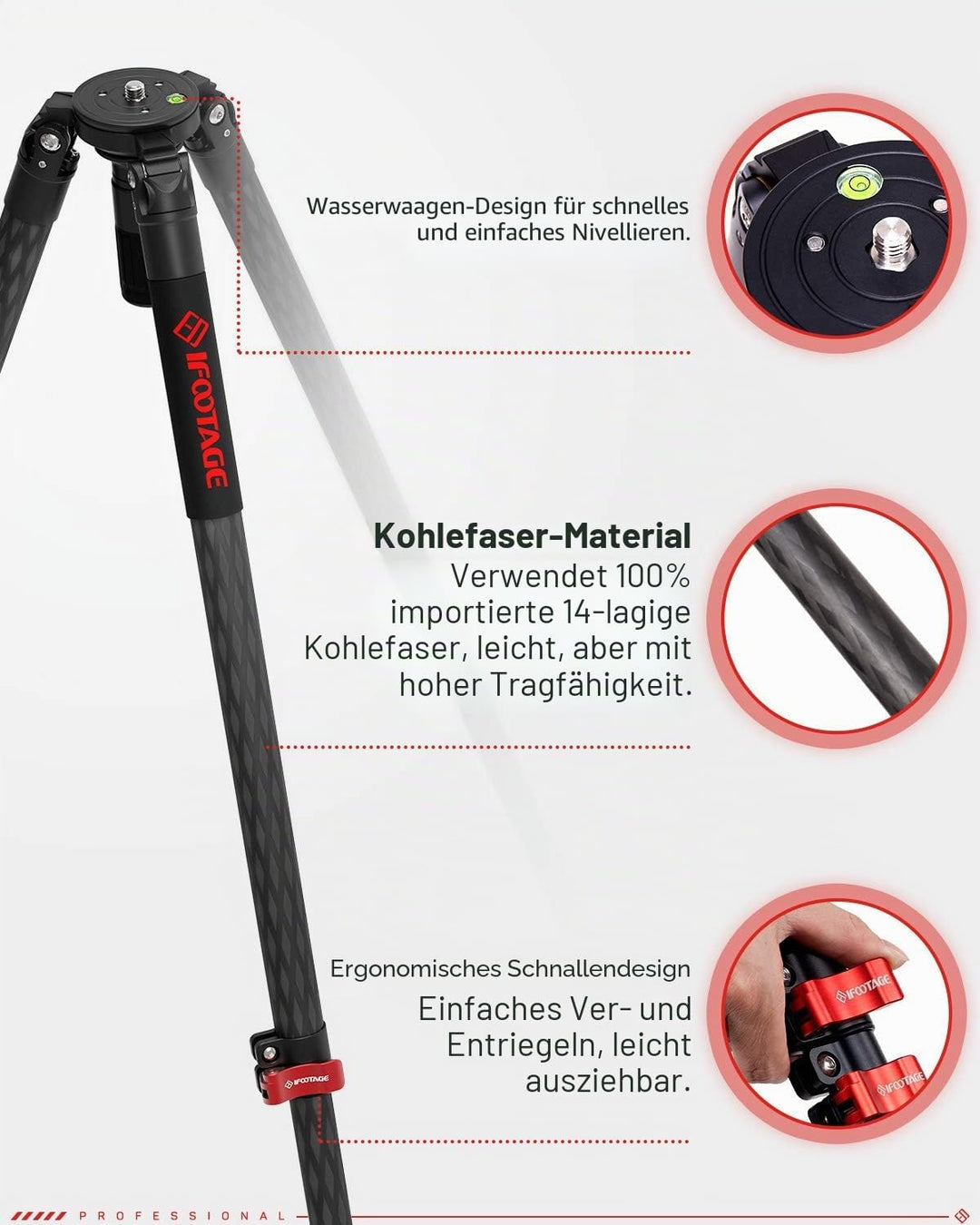 IFOOTAGE Dreibeinstativ, 155,9 cm, Kohlefaser, Videokamera-Stativ mit Schnellschnapper, max. Belastu