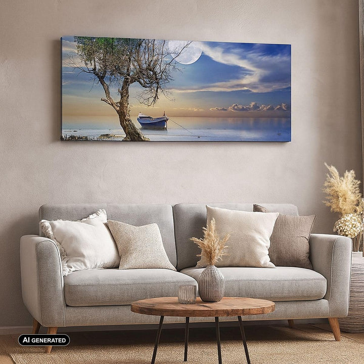 Wandbilder Dekoration Wohnzimmer Nacht Mond Boot Panorama Bilder auf Leinwand 120x50cm Leinwandbild