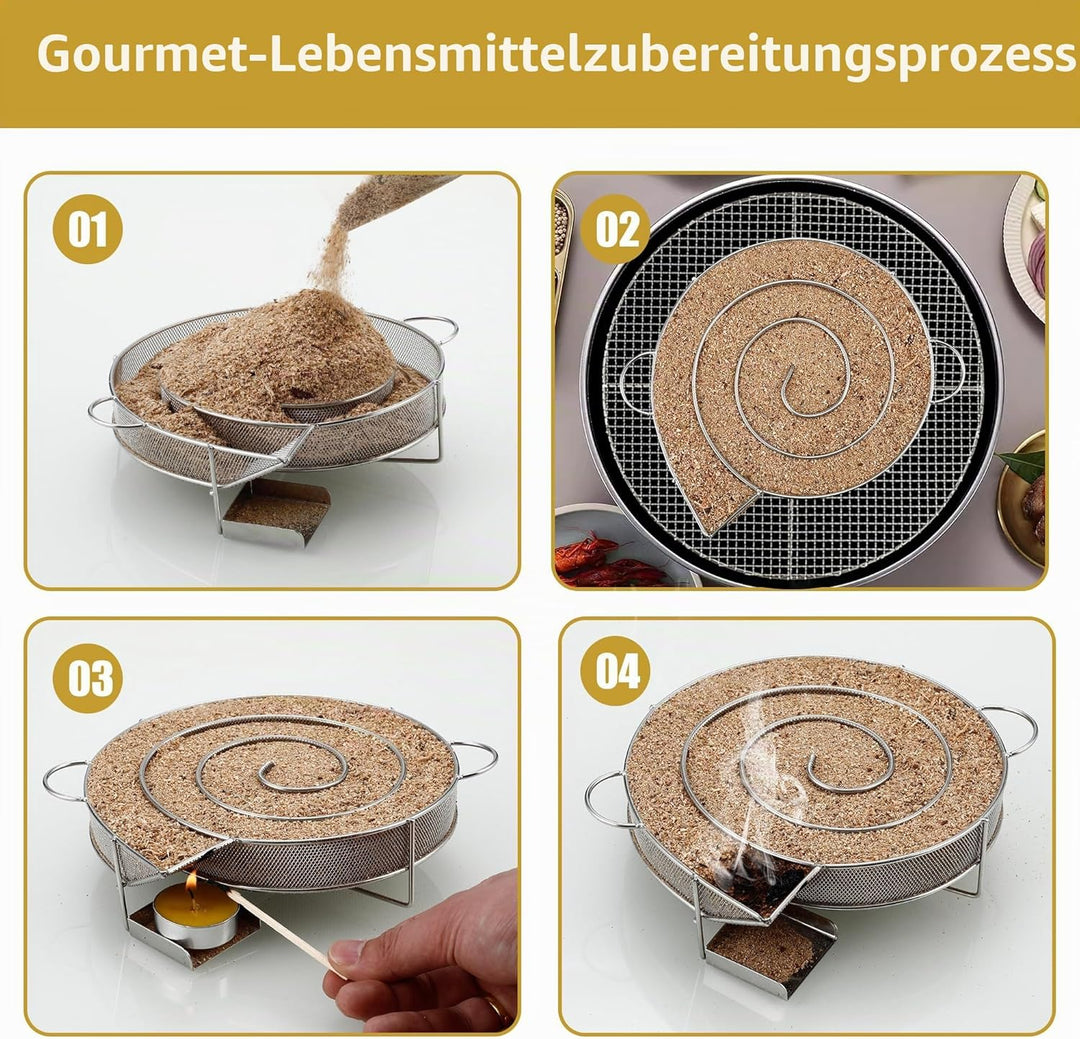 7 Stücke Kaltrauchgenerator Edelstahl Set,Rund Räucherschnecke mit Henkel,Sparbrand Räucherofen,mit