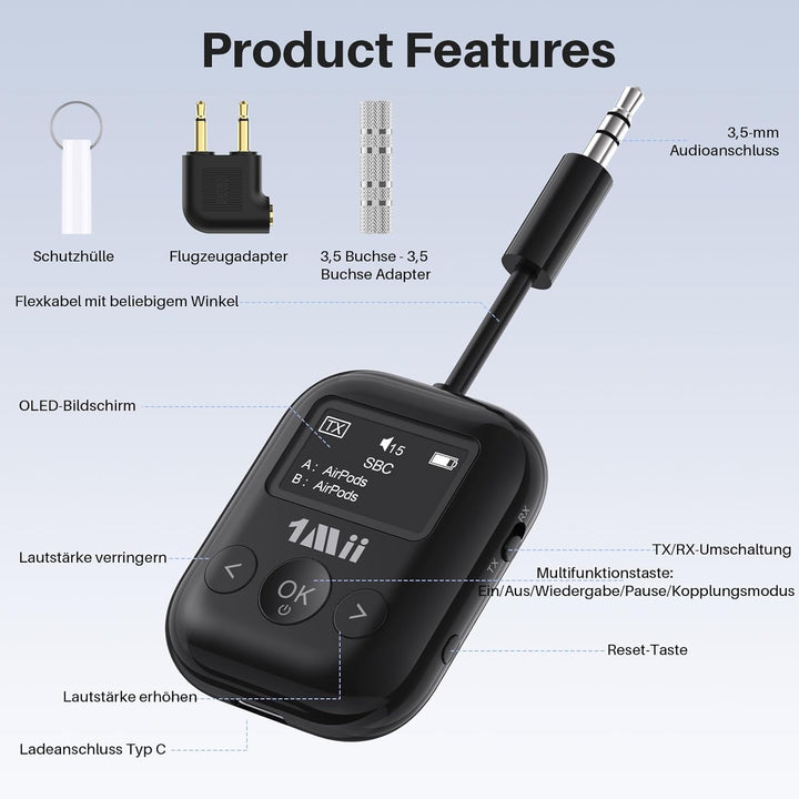 1Mii SafeFly Min+ Bluetooth Sender und Empfänger, Bluetooth Adapter für Flugzeuge, 2 Geräte können a