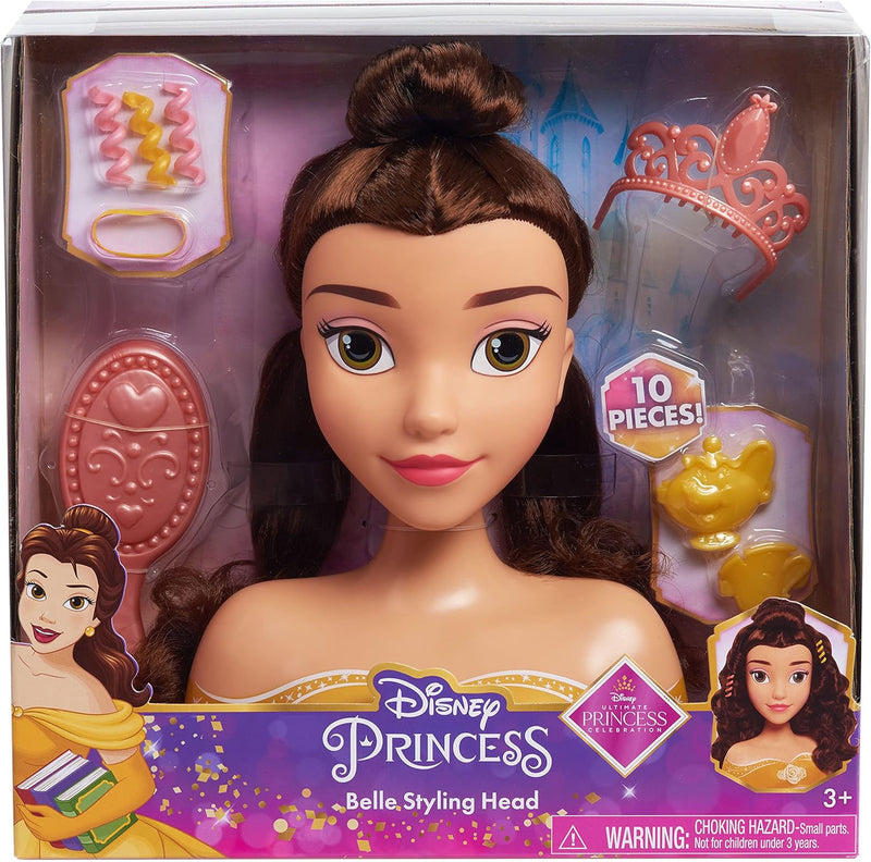 Just Play Disney Princess Belle Styling Head, Brown Hair, 10 Piece Pretend Play Set, Beauty and The