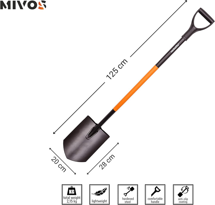 Mivos Ergonomic Spitzspaten aus Kohlenstoffstahl - 124 cm – Gärtnerspaten mit Gehärtetem Spitzblatt