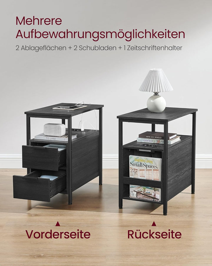 VASAGLE Beistelltisch, 2er Set, Nachttisch mit Steckdosenleiste, 2 Schubladen, Sofatisch, Nachtschra