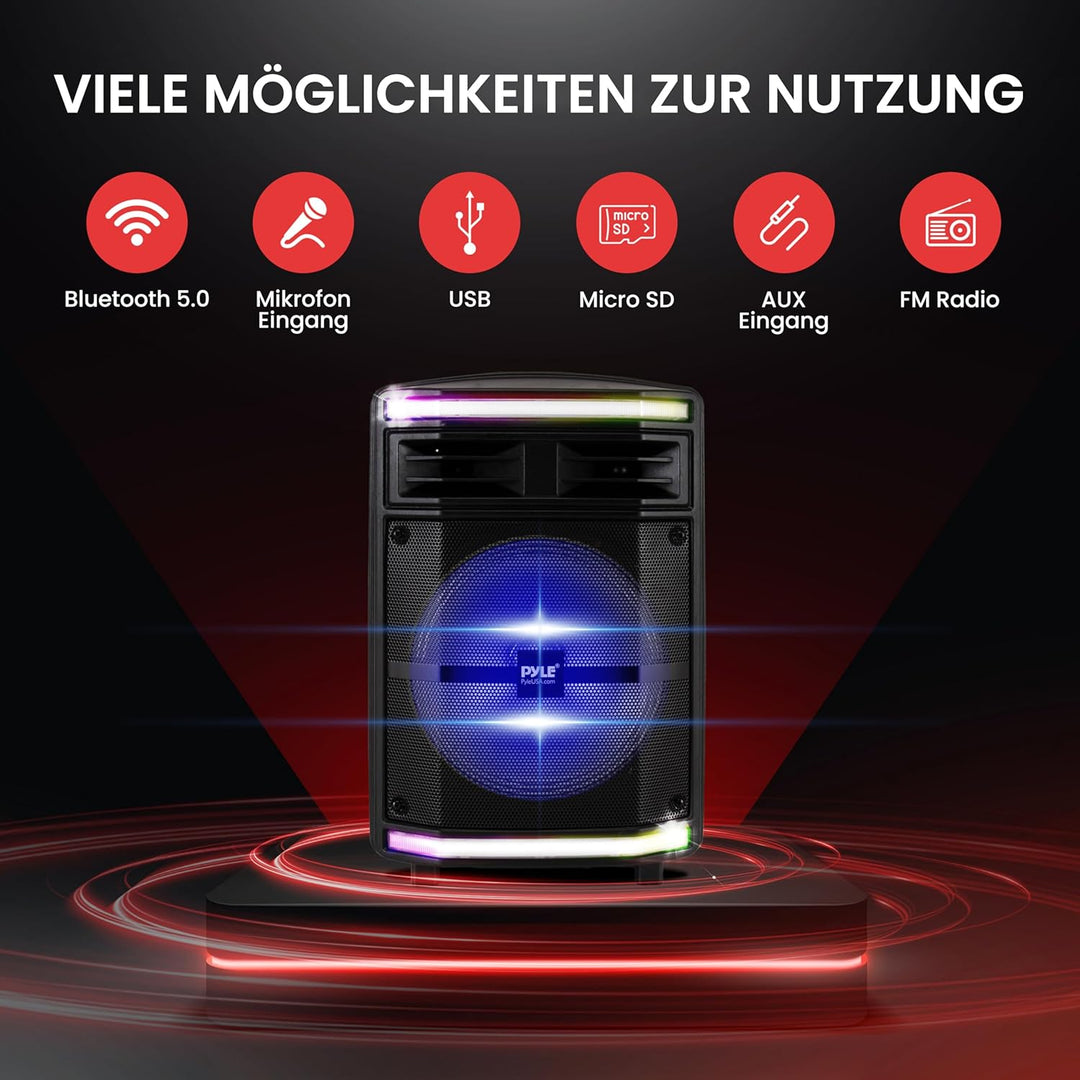 Pyle Partybox - Bluetooth Lautsprecher Gross, PA Anlage, Musikbox, Karaoke Box, 600W, 10" Subwoofer,